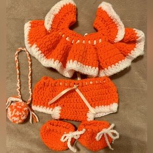 Hand Knitted Baby Doll Clothes Orange White Top Panties Booties Hair Accessory